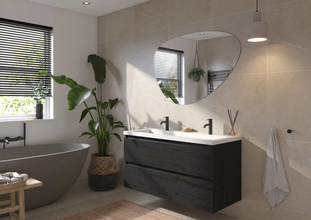 Saqu Gaia badmeubel incl. glans witte wastafel met 2 kraangaten 120x52x64cm eiken zwart – zwarte greeplijst