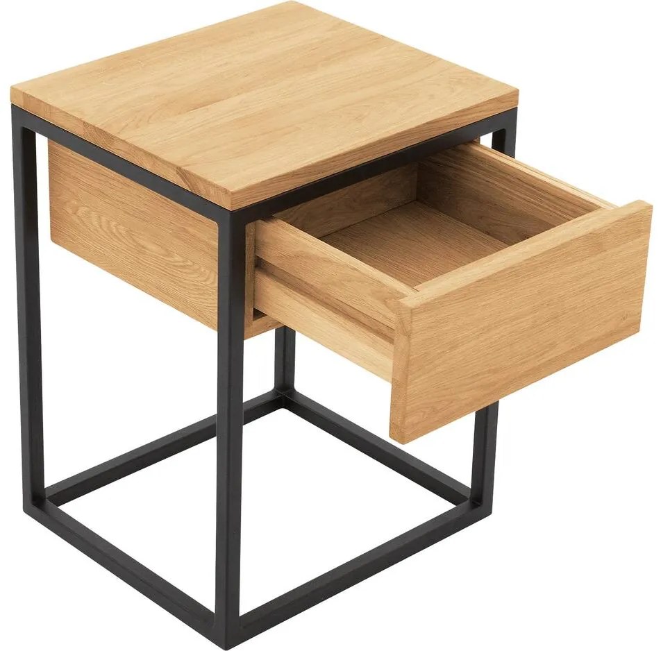 Goossens Nachtkastje Ord, Metaal ral 9005 zwart, met lade en bovenblad massief eik, 40 x 35 x 57 cm hoog