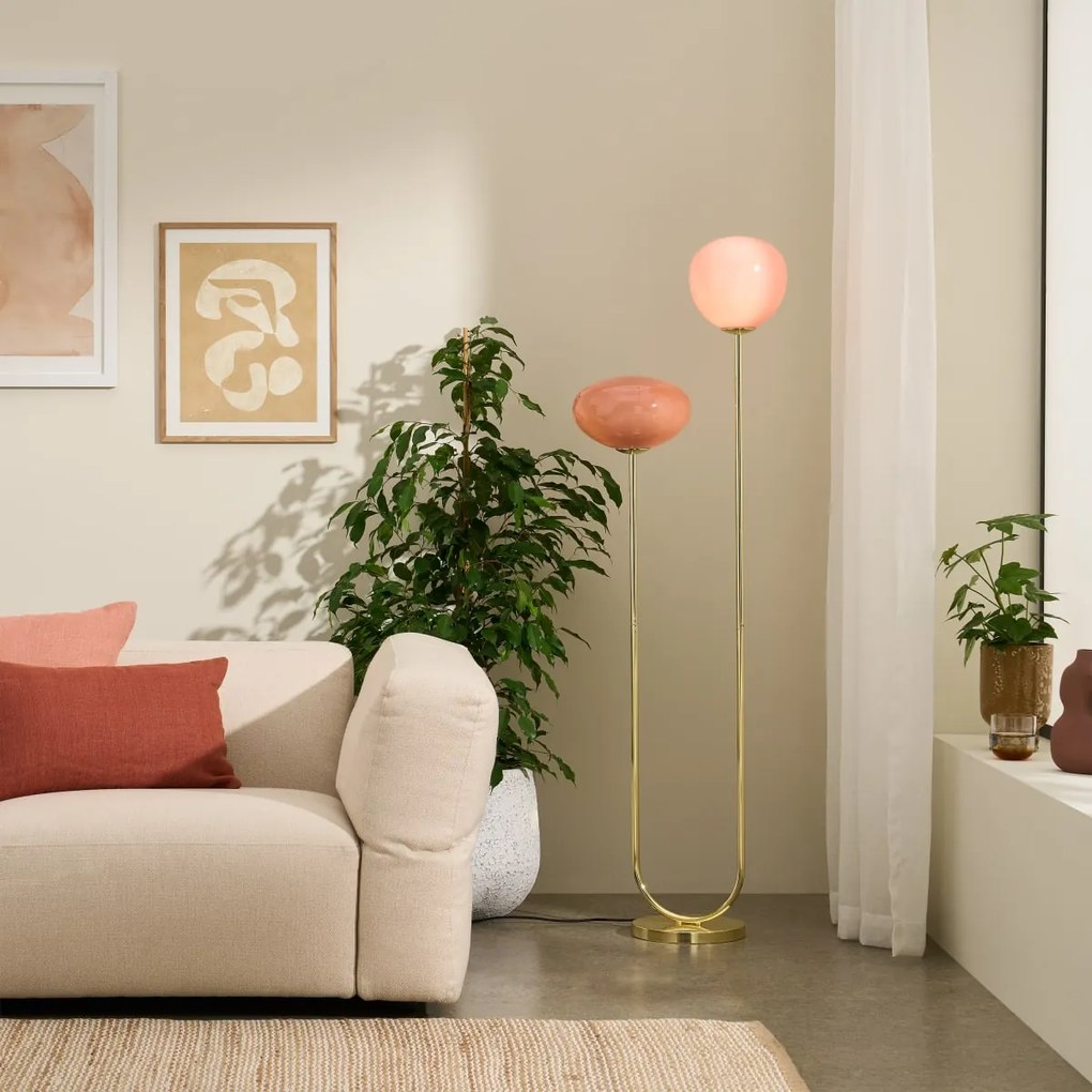 Adrianne staande lamp, roze en wijnrood glas en messing