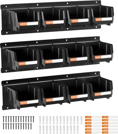 VEVOR wandgemonteerde stapelboxen, 137 x 105 x 75 mm (12 stuks) &amp; 3 metalen rails, zichtbare opbergboxen voor schroeven, moeren, bouten, spijkers, gereedschapsorganizer voor werkplaats, hobbykamer, garage, zwart
