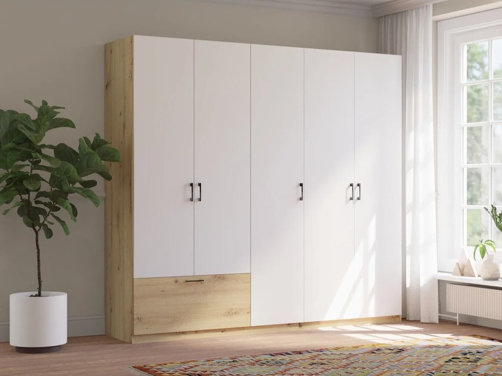Kledingkast Bristol 249, Wit, Artisan eiken, 210x225x54cm, 183 kg, Kledingkast deuren: Met scharnieren