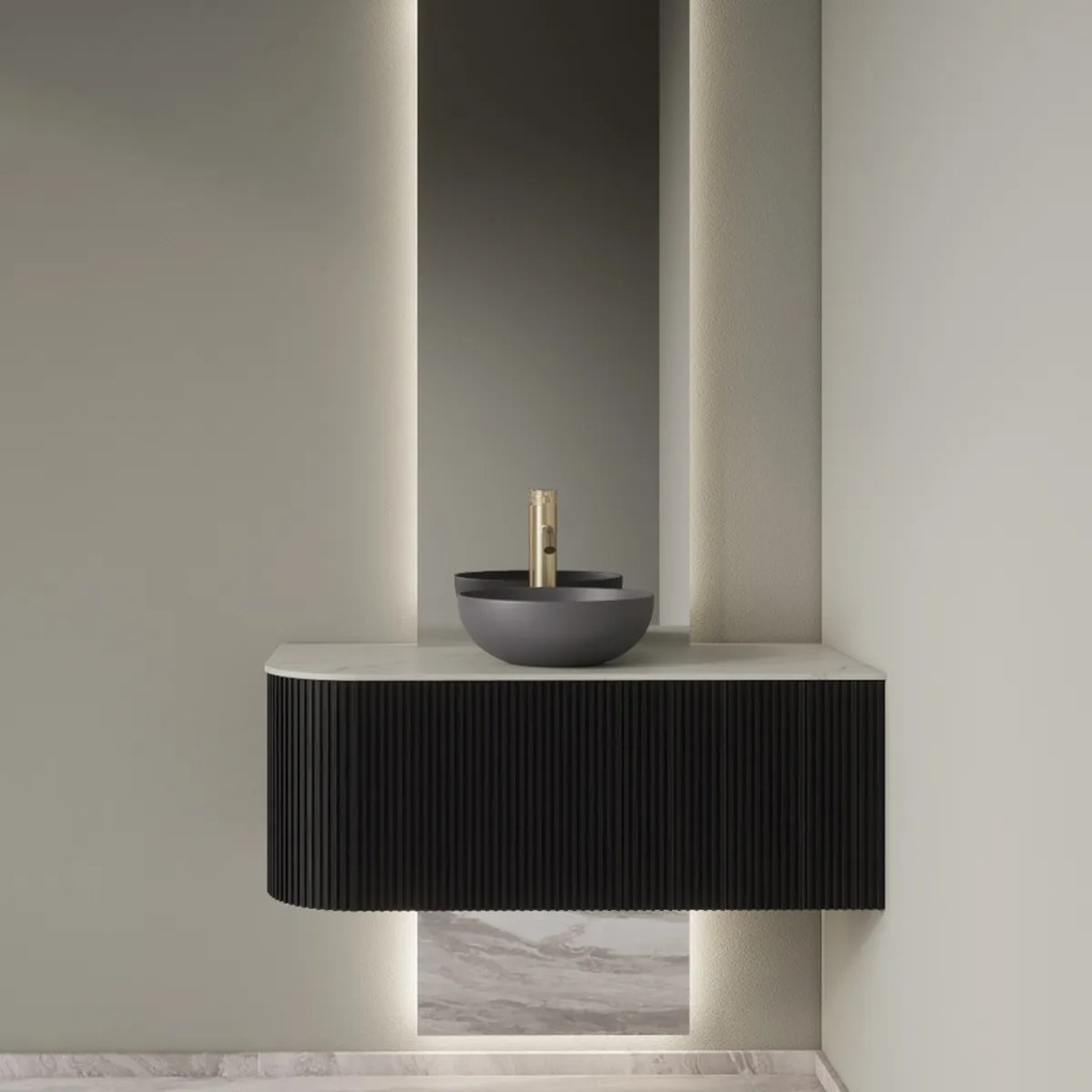 Gliss Design Alluro badmeubel ribbelfront met ronding links 100cm black en wit marmer toppaneel