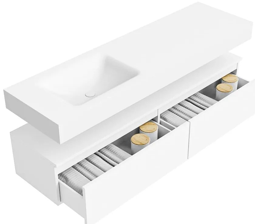 Zaro Alan badmeubel 160cm talc 2 lades met vrijhangende wastafel cloud links 1 kraangat talc