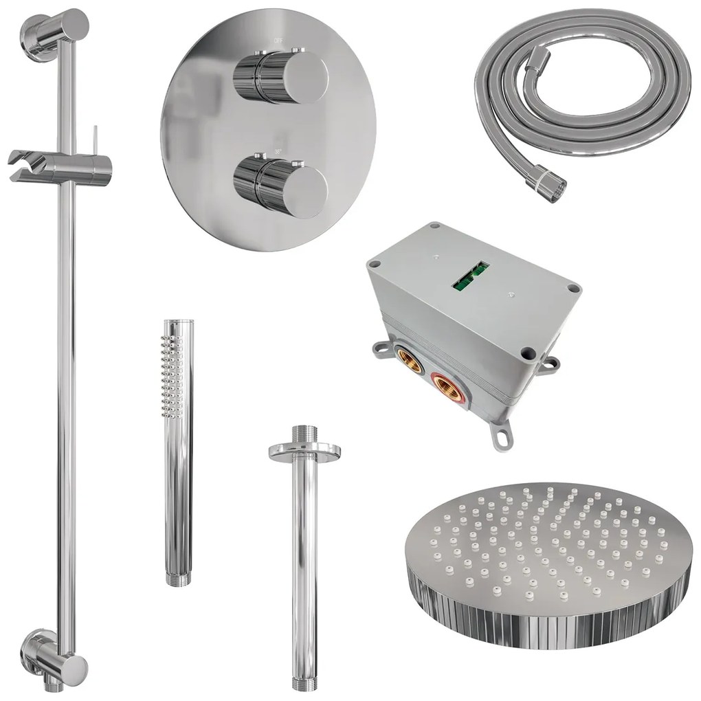 Brauer Stripe inbouw regendouche rond met 25cm hoofddouche, rond met plafondarm, glijstang en staafhanddouche set 45 chroom