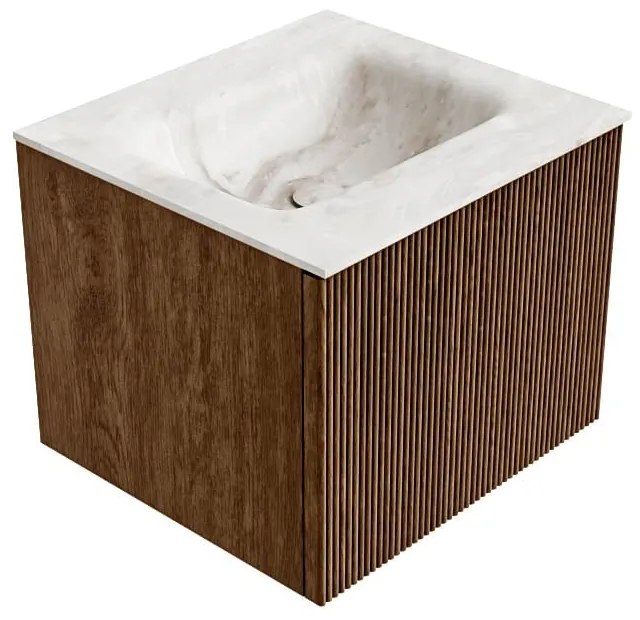 Mondiaz Kurve-dlux 50cm badmeubel walnut met 1 lade en wastafel grunne midden 1 kraangat frappe