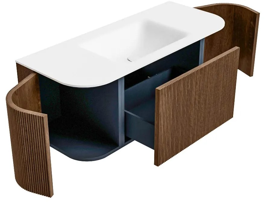 Mondiaz Kurve 110cm badmeubel ronding links/rechts walnut met 1 lade en 2 deuren en wastafel cloud midden zonder kraangat