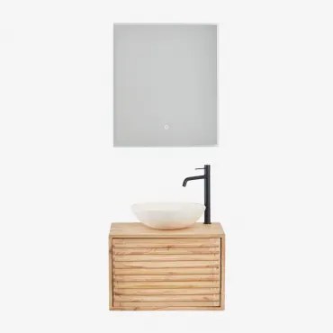 Deleyna Wandgemonteerde Houten Badkamermeubelset Natuurlijk Hout & Rond Cement Wit Ø40 Cm Zavion & Rechthoekige Led En Anticondens 60x70 Cm Tamsin -
