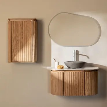 Carsone Hangend Badkamermeubelset Van Hout Natuurlijk Hout & Natuurlijk Hout & Rond Grijs Cement Ø40 Cm Tarsis & Ovaal Led En Anticondens 100x80 -