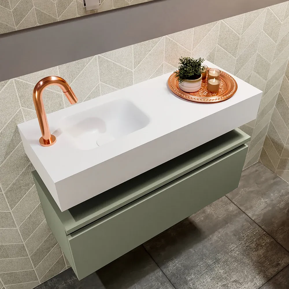Mondiaz Andor toiletmeubel 80cm army met witte wastafel links met kraangat