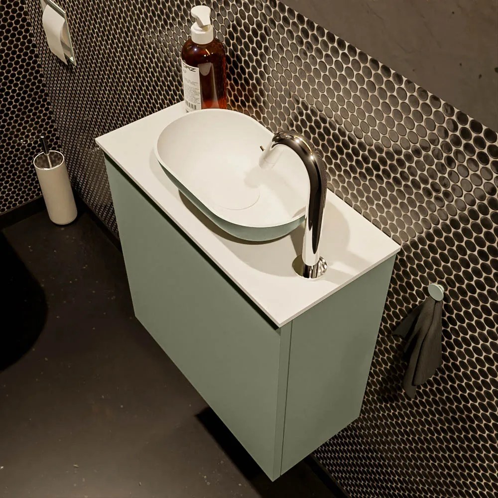Mondiaz Fowy toiletmeubel 50cm army met legergroene waskom rechts en kraangat