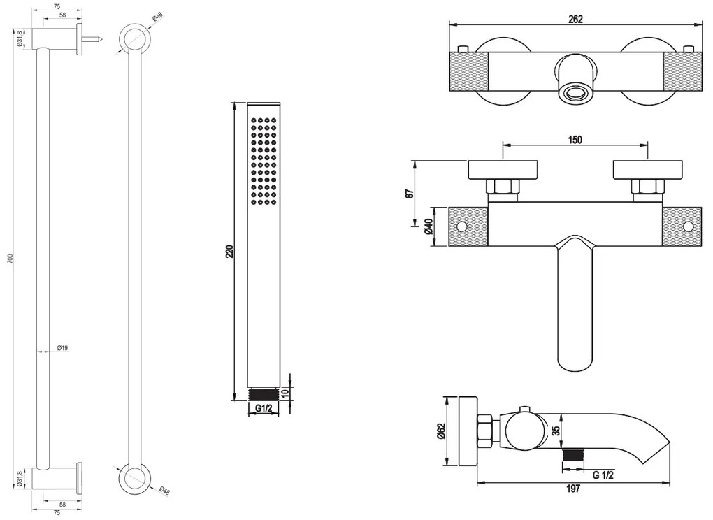 Brauer Gunmetal Carving thermostatische badkraan met glijstang en staafhanddouche gunmetal geborsteld PVD