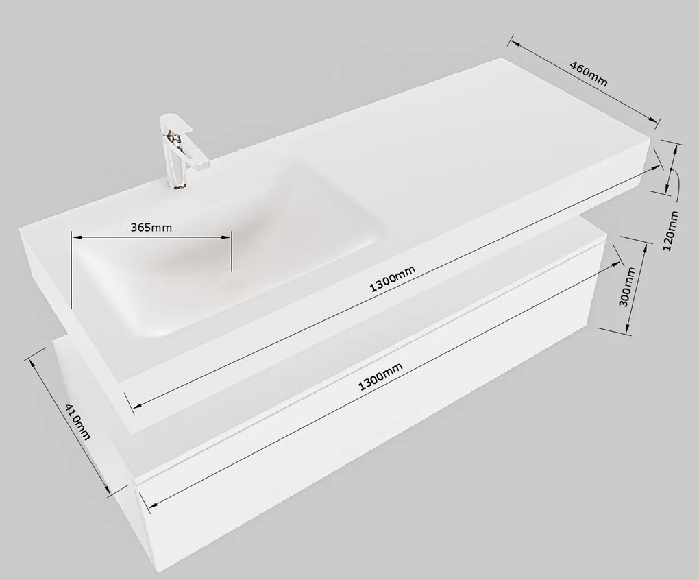 Mondiaz Alan DLux badmeubel 130cm clay 2 lades met wastafel glace links 1 kraangat