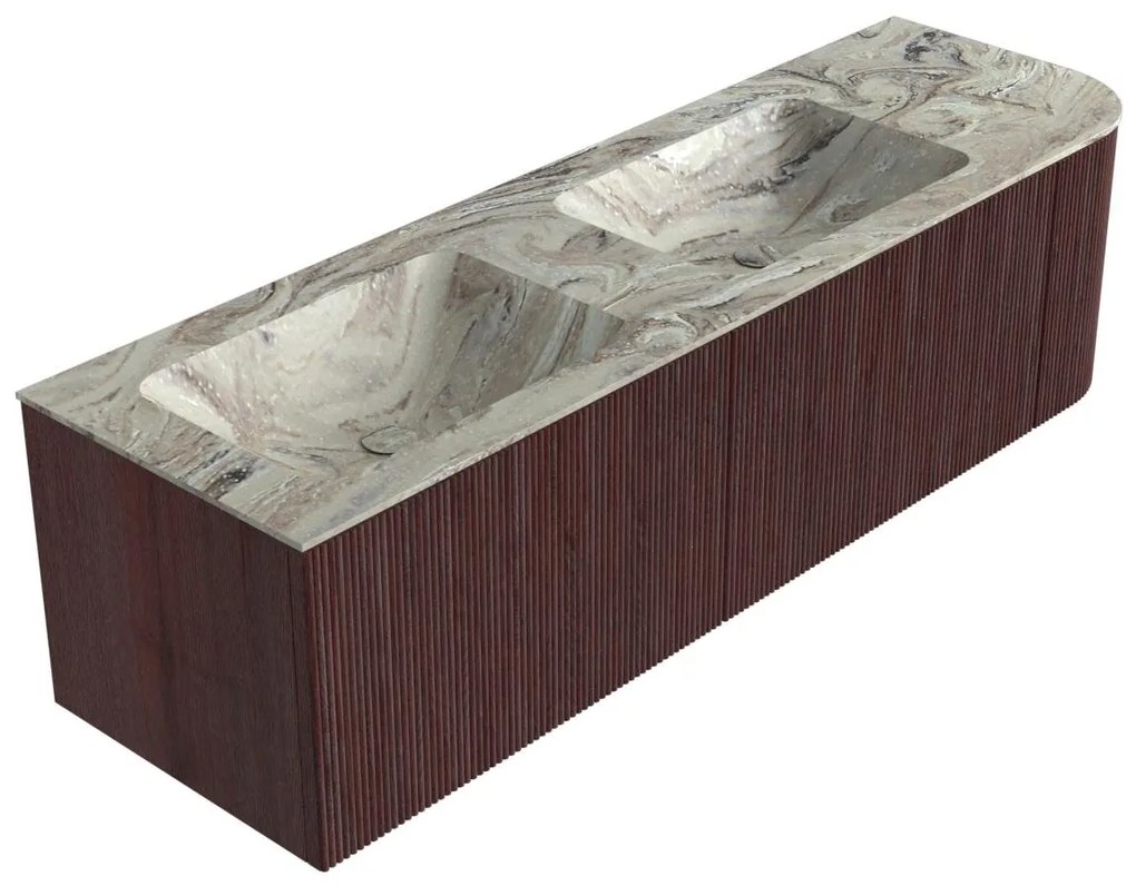 Mondiaz Kurve-dlux 155cm badmeubel ronding rechts ruby met 2 lades en 1 deur en wastafel leaf dubbel/links zonder kraangat glace