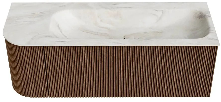 Mondiaz Kurve-dlux 125cm badmeubel ronding links walnut met 1 lade en deur en wastafel big medium kraangat rechts ostra