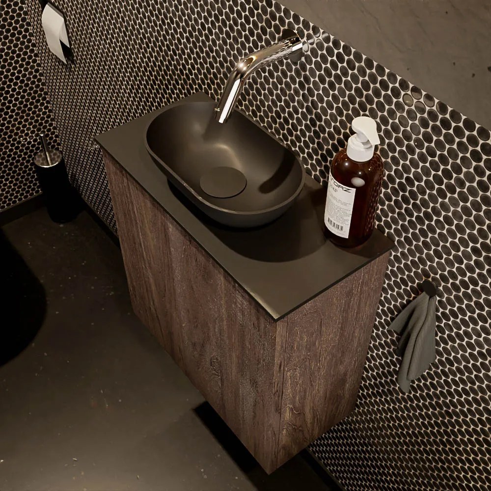 Mondiaz Fowy toiletmeubel 50cm dark brown met zwarte waskom midden zonder kraangat