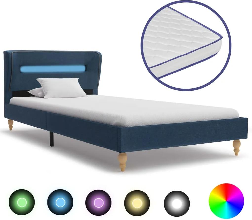 Bed met LED en traagschuim matras stof blauw 90x200 cm