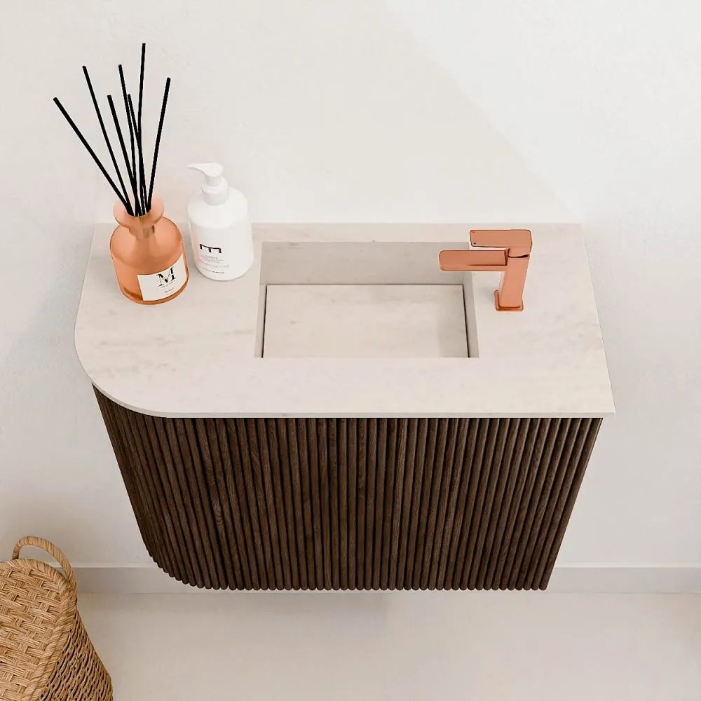 Mondiaz Joya DLux 50cm toiletmeubel ronding links walnut met wastafel faye rechts 1 kraangat meli