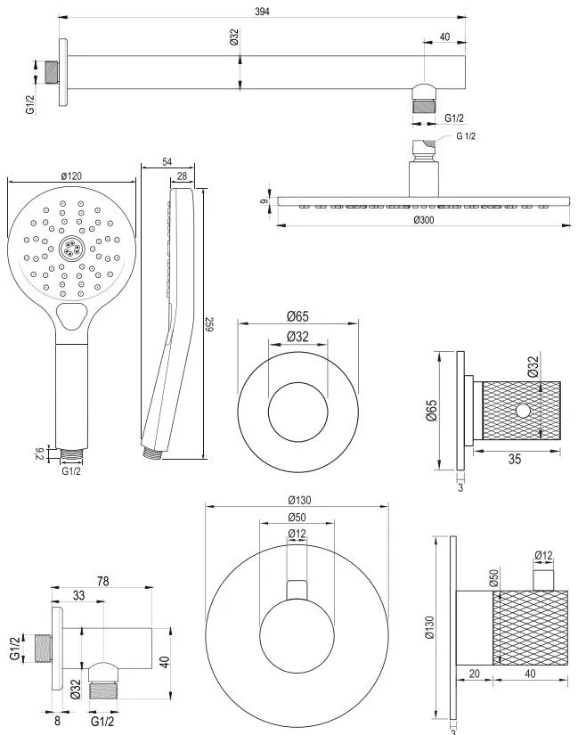 Brauer Copper Carving complete inbouw regendouche set 08 met 30cm douchekop, rechte muurarm en 3 standen handdouche geborsteld koper PVD