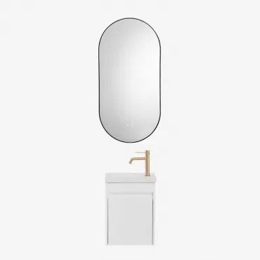 Narek Zwevend Houten Badkamermeubelset Met Geïntegreerde Wastafel Wit & Geborsteld Goud ↑20 Cm Met Aftapkraan Zonder Overloop Orveta & Ovale Led En An