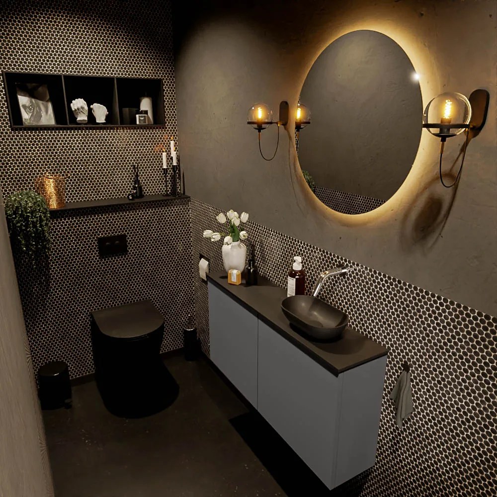 Mondiaz Fowy toiletmeubel 100cm dark grey met zwarte waskom rechts zonder kraangat