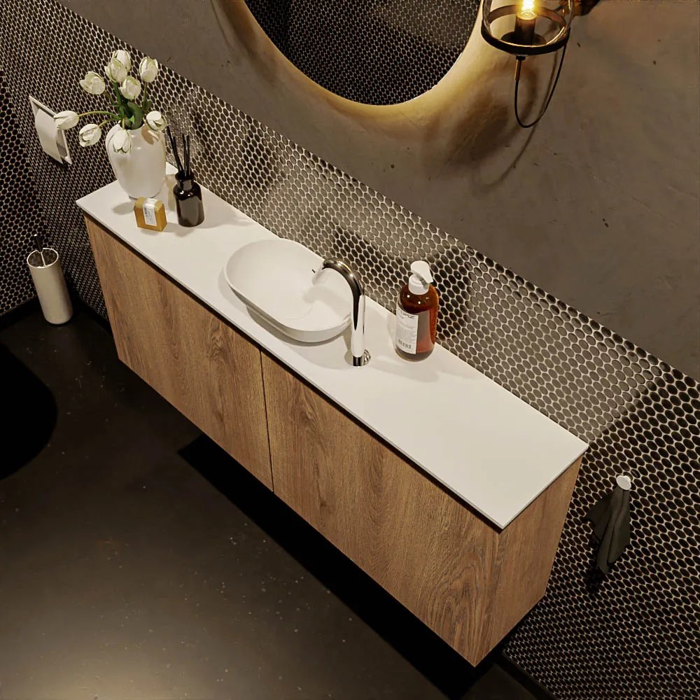 Mondiaz Fowy toiletmeubel 120cm washed oak met witte waskom midden en kraangat