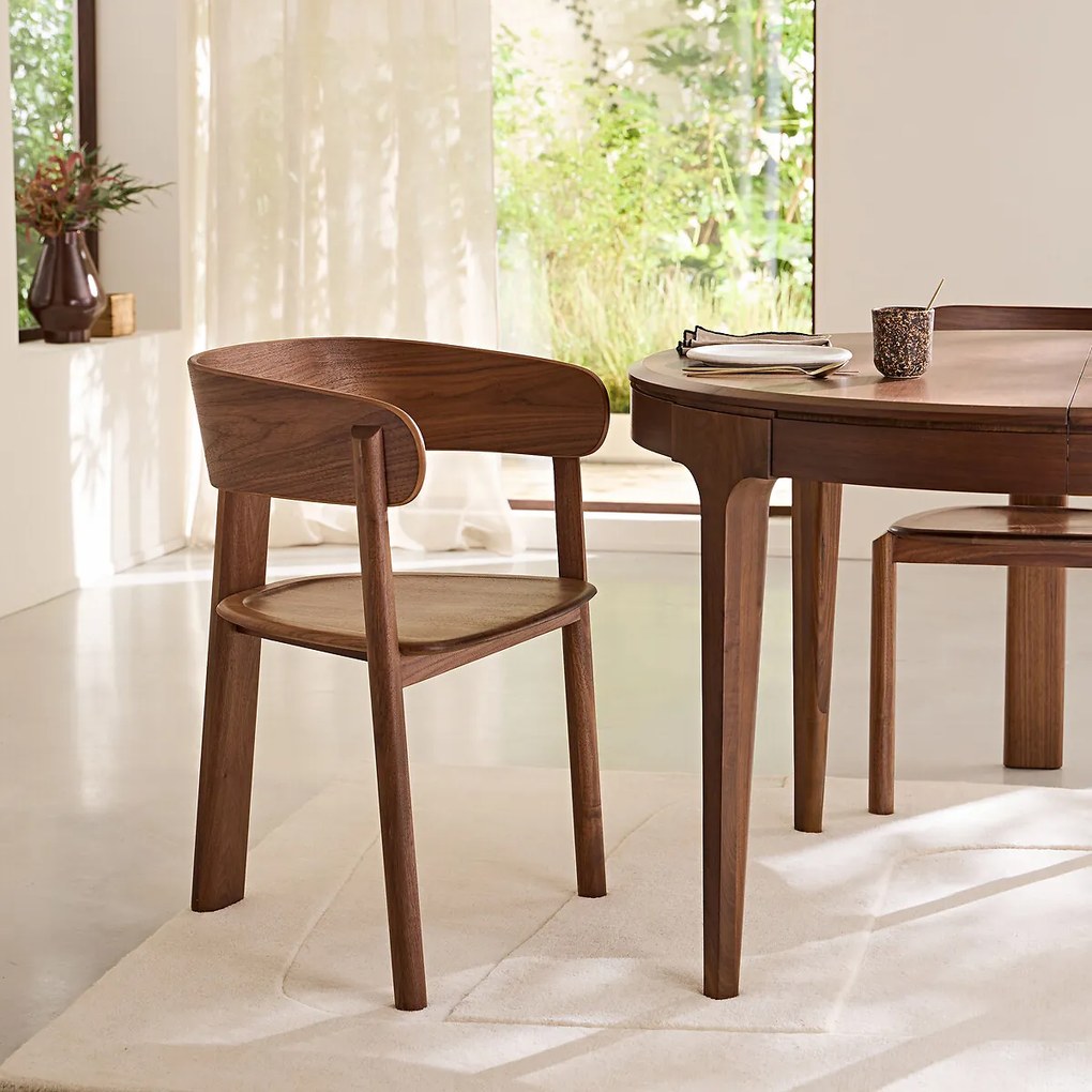 Tafelstoel, notenhout en fineer, 3 poten, MARAIS, ontwerp Emmanuel Gallina