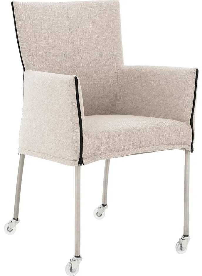 Goossens Eetkamerstoel Funk RVS Poten beige stof met armleuning en met wielenTransparant skater wiel met rvs kap, modern design