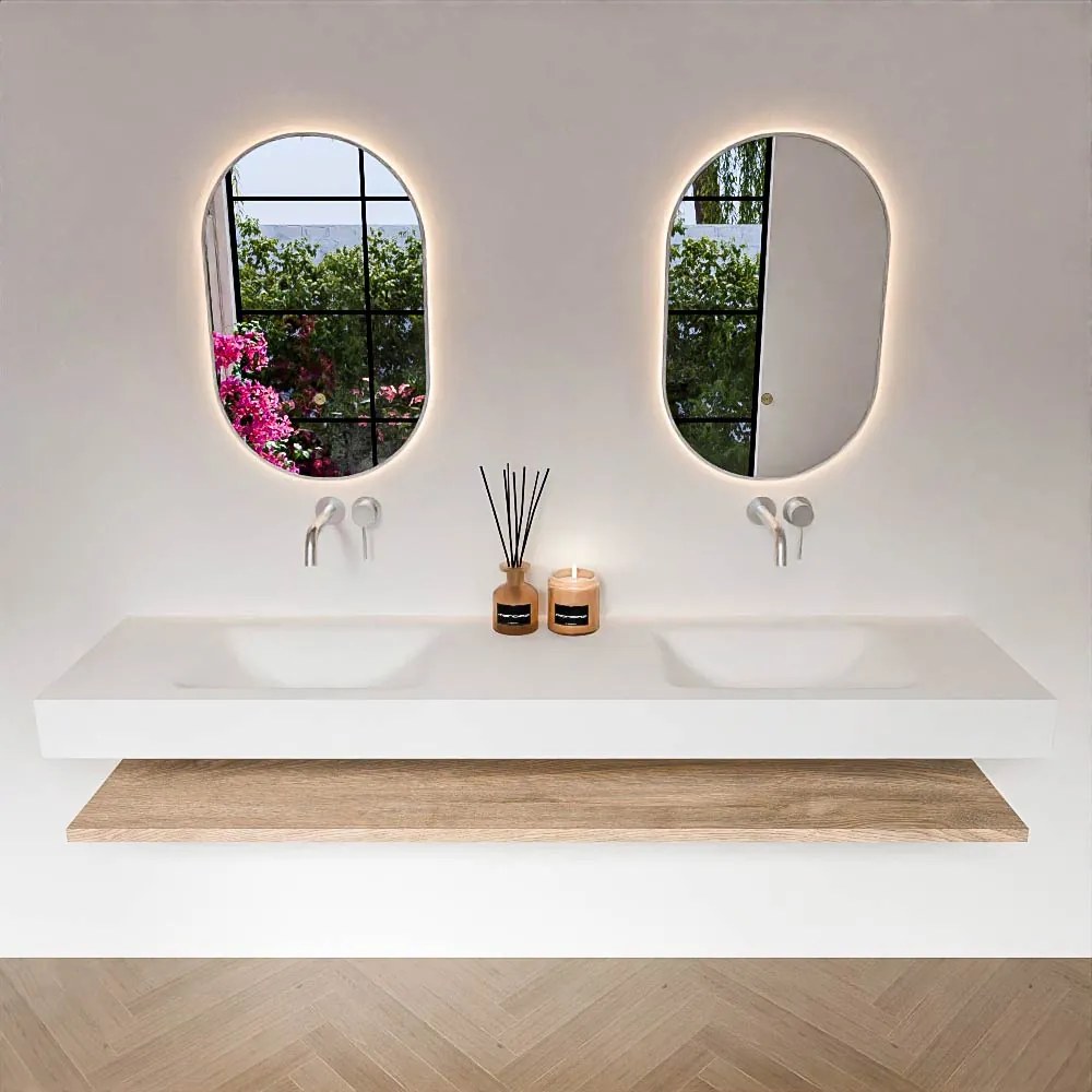 Zaro Alan badmeubel 190cm met planchet washed oak en vrijhangende wastafel cloud dubbel zonder kraangat talc
