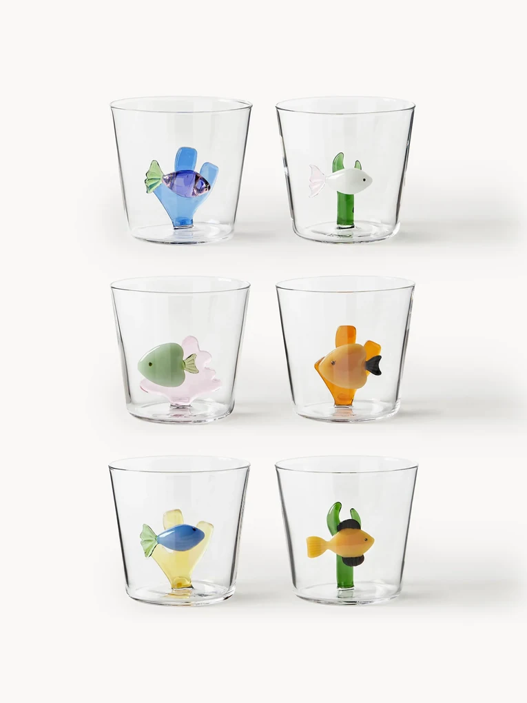 Handgemaakte waterglazen Marine Garden, 6 stuks