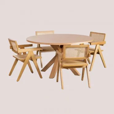 Set Ronde Mdf Eettafel (ø140 Cm) Pleven En 4 Stoelen Met Armleuningen In Essenhout En Rotan Lali-stijl Natuurlijk Hout - Sklum