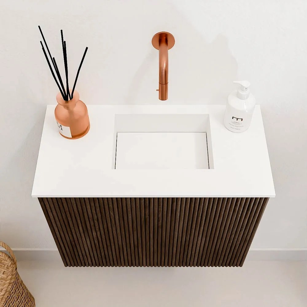 Mondiaz Joya 50cm toiletmeubel walnut met wastafel faye rechts zonder kraangat talc