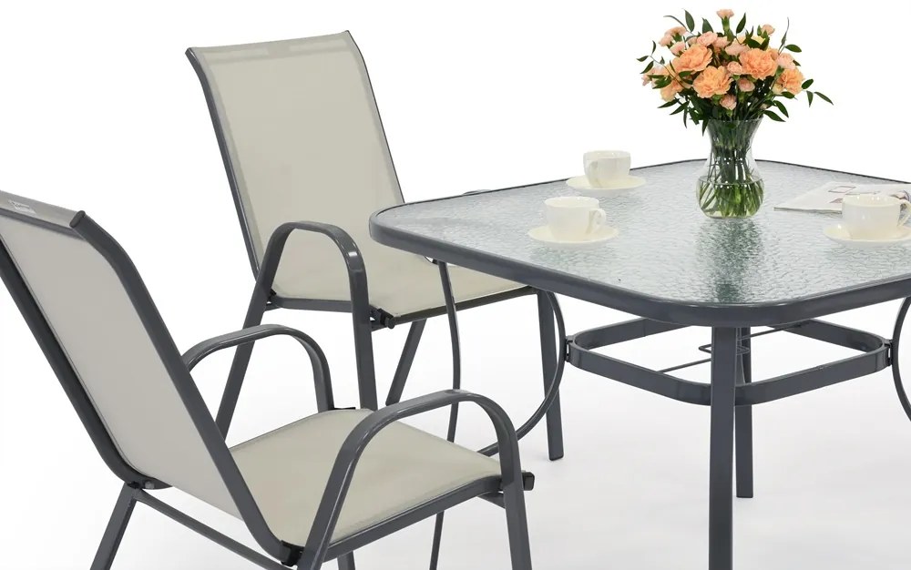 Modena metalen tuinmeubelen voor 4 personen met Garden Point vierkante tafel lichtgrijs