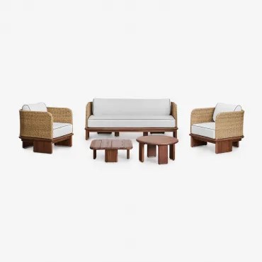 Woonkamerset Met 3-zitsbank, 2 Fauteuils En 2 Salontafels In Rotan En Acaciahout Famara Acacia Bruin - Sklum
