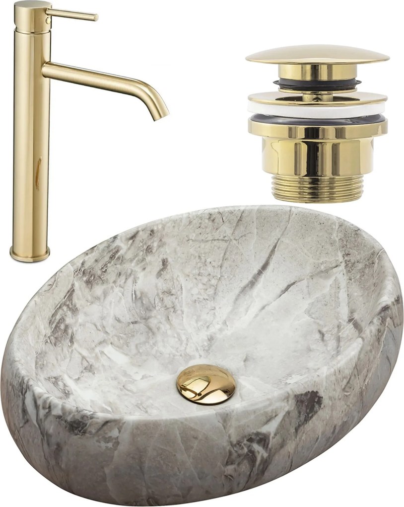 Wastafel Linda Stone + Kraan Lungo Gold High + universele plug gold