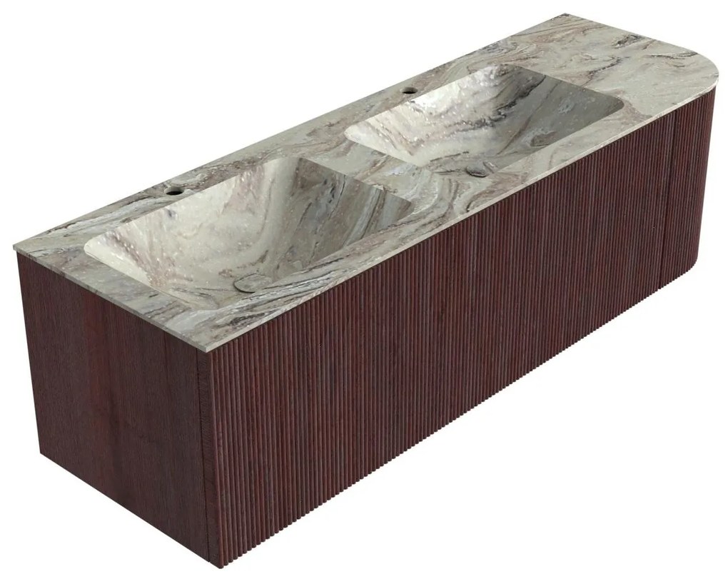 Mondiaz Kurve-dlux 145cm badmeubel ronding rechts ruby met 1 lade en deur en wastafel leaf dubbel/links 2 kraangaten glace