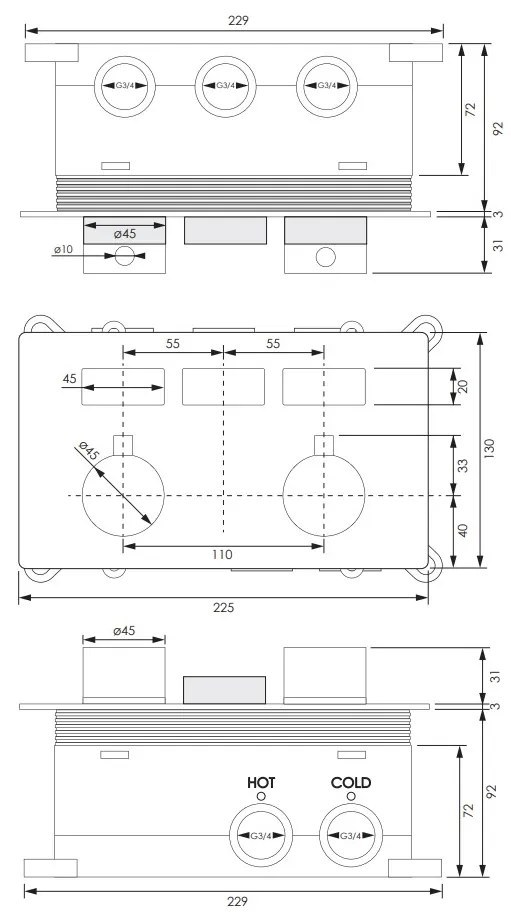 Brauer Chrome Edition 3-weg inbouwthermostaat met drukknoppen chroom