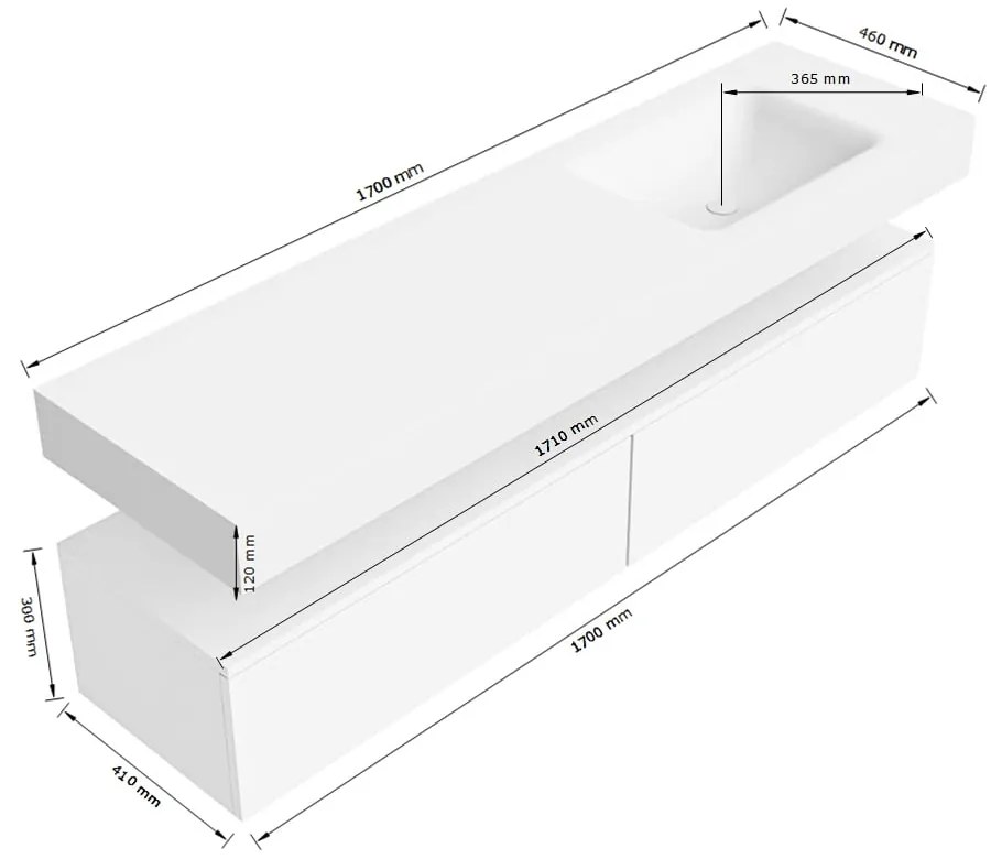 Zaro Alan badmeubel 170cm sand 2 lades met vrijhangende wastafel cloud rechts 1 kraangat talc