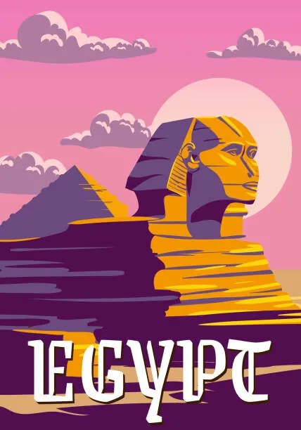 Ilustratie Vintage Poster Ancient Sphinx, Egypt Pharaoh, VectorUp