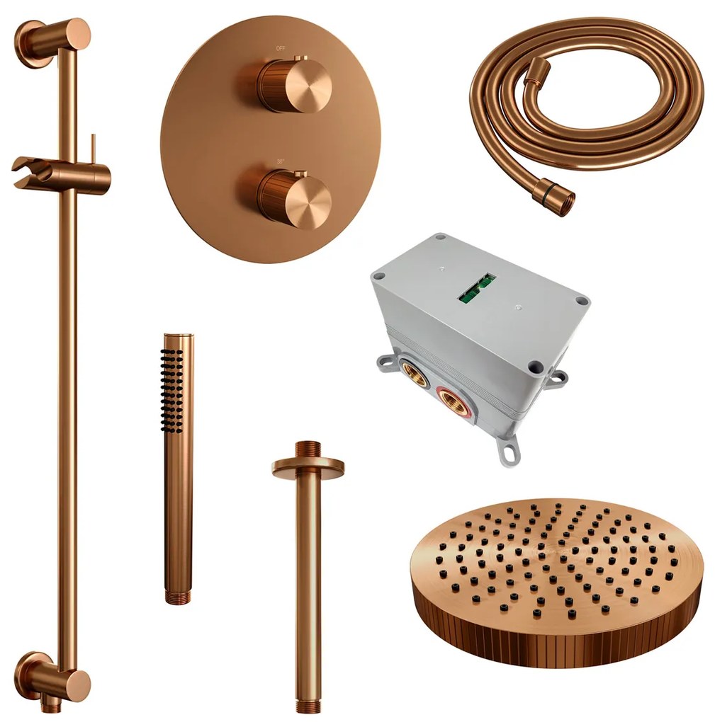 Brauer Stripe inbouw regendouche rond met 25cm hoofddouche, rond met plafondarm, glijstang en staafhanddouche set 45 koper geborsteld PVD