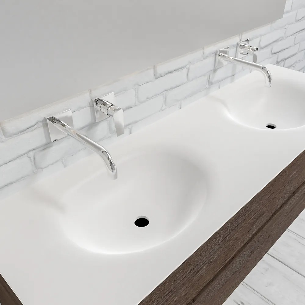 Zaro Sevilla Solid Surface badmeubel 150cm donker eiken zonder kraangat dubbele spoelbak met 2 lades