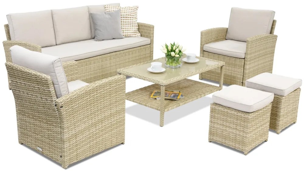 Monaco Coffee 5 tuinmeubelen + 2 Garden Point poefs beige