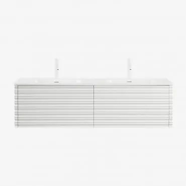 Conjunto Vaniteit Hangend 160x50 Cm In Hout Met Geïntegreerde Waskommen Noura Wit & Spiegelloze & 2 X Wit ↑20 Cm Met Overloop Aftapventiel Orveta -