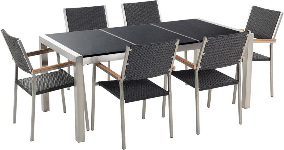 Tuinset gepolijst graniet/RVS zwart driedelig tafelblad 180 x 90 cm met 6 stoelen zwart rotan GROSSETO