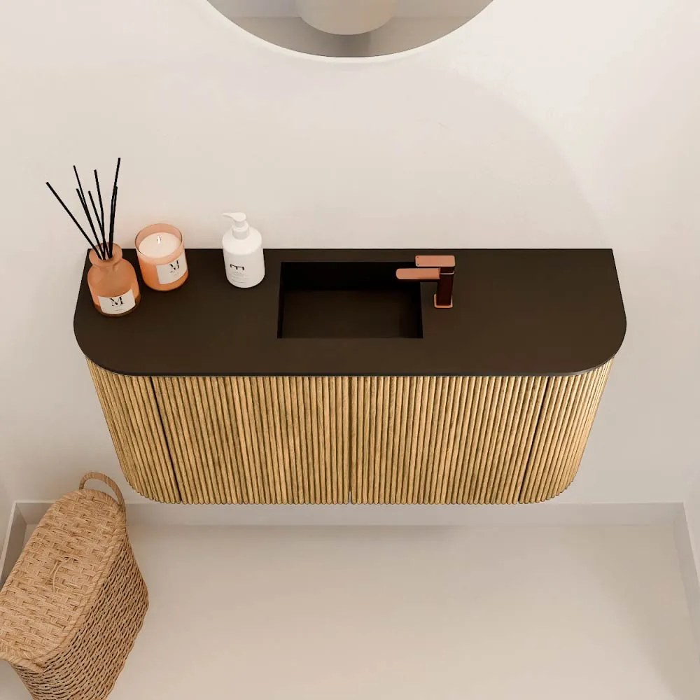 Mondiaz Joya 85cm toiletmeubel ronding links/rechts oak met wastafel faye midden 1 kraangat urban