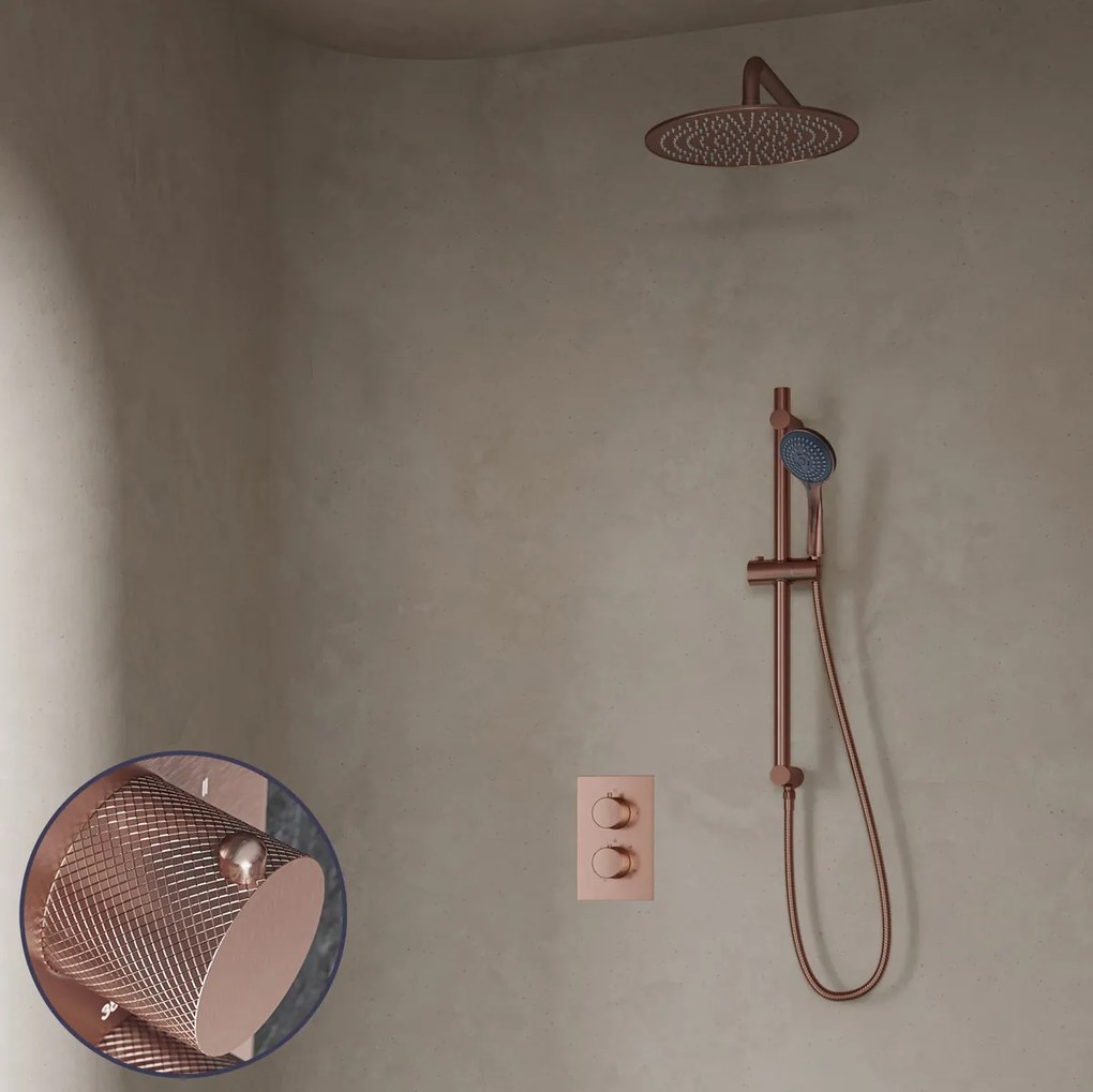 Saniclear Copper Curved inbouw regendouche met 30cm hoofddouche, muurarm, 3 standen handdouche en glijstang geborsteld koper