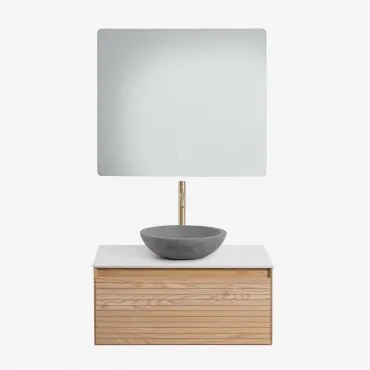Tedrik Zwevend Badkamermeubelset 80x50 Cm In Essenhout Ash Brown & Rond Grijs Cement Ø40 Cm Tarsis & Rechthoekige Led En Anticondens 80x70 Cm Riben -