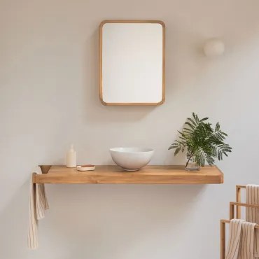 Conjunto Van Meubel 130x45 Cm Hangend In Teakhout Neill Teakhout & Rond Wit Keramiek Ø30 Cm Calgari & Rechthoekig Met Afgeronde Hoeken - Sklum