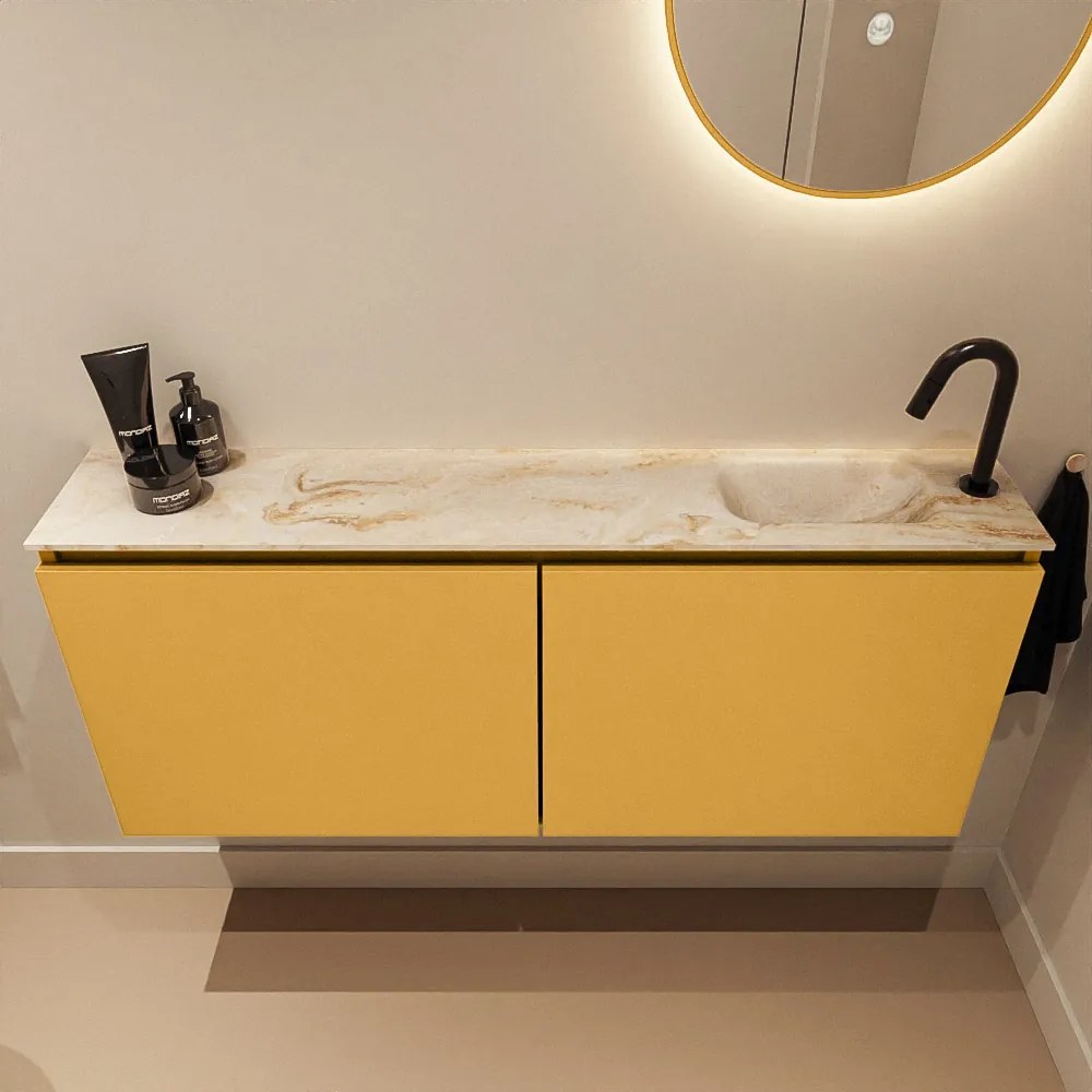 Mondiaz Ture DLux toiletmeubel 120cm ocher met wastafel frappe rechts met kraangat