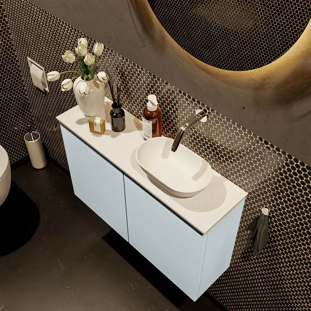 Mondiaz Fowy toiletmeubel 80cm clay met witte waskom rechts zonder kraangat