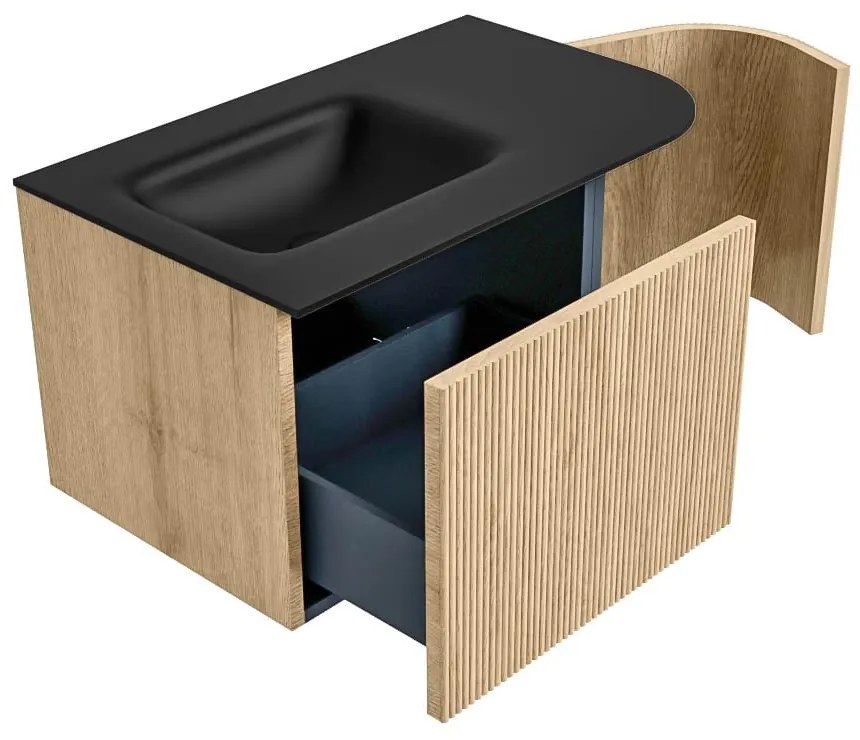 Mondiaz Kurve 75cm badmeubel ronding rechts oak met 1 lade en deur en wastafel grunne kraangat links urban